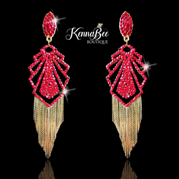 Red Geo Earrings with Gold Fringe