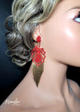 Red Geo Earrings with Gold Fringe