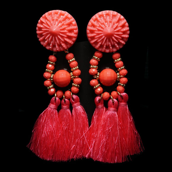 Coral Fringe Button Earrings